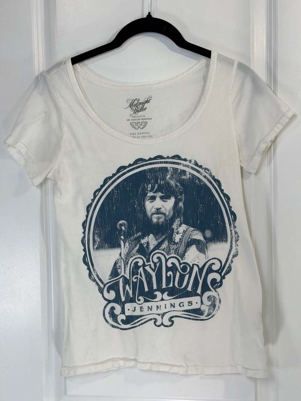 Midnight Rider Waylon Jennings Portrait Graphic T-Shirt White Medium